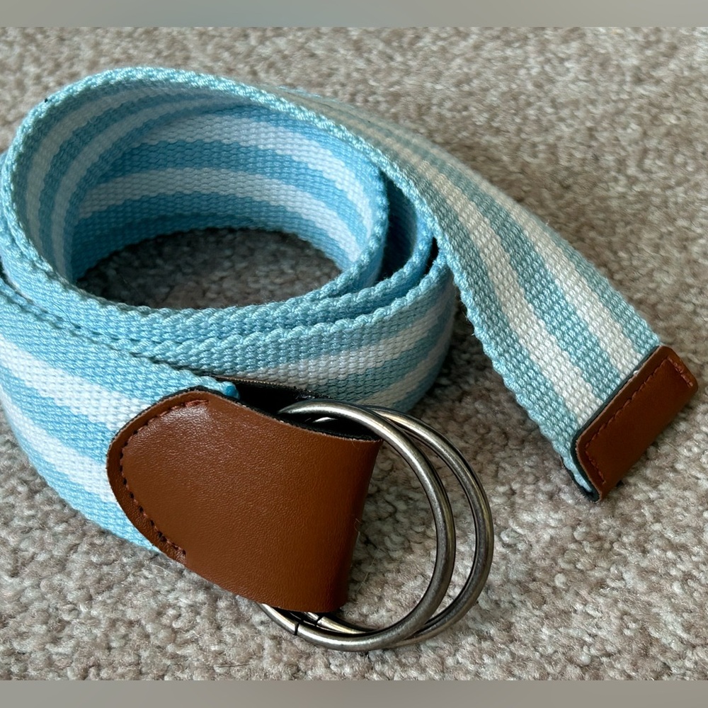Light Blue and White Striped Blue Belt with Brown Accents and D ring - AS IS